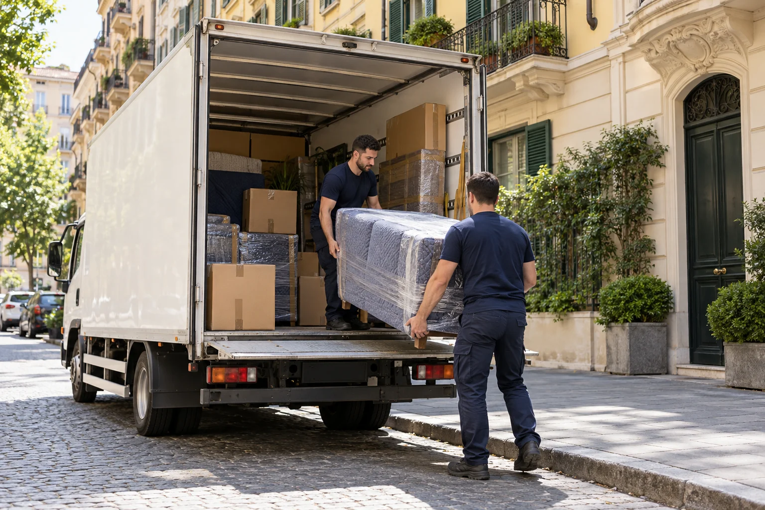 Mezzo da trasloco in una strada residenziale di Milano